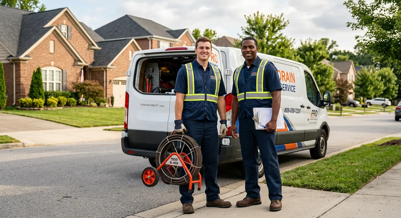 Sewer and drain service team with equipment ready for work in Summerville