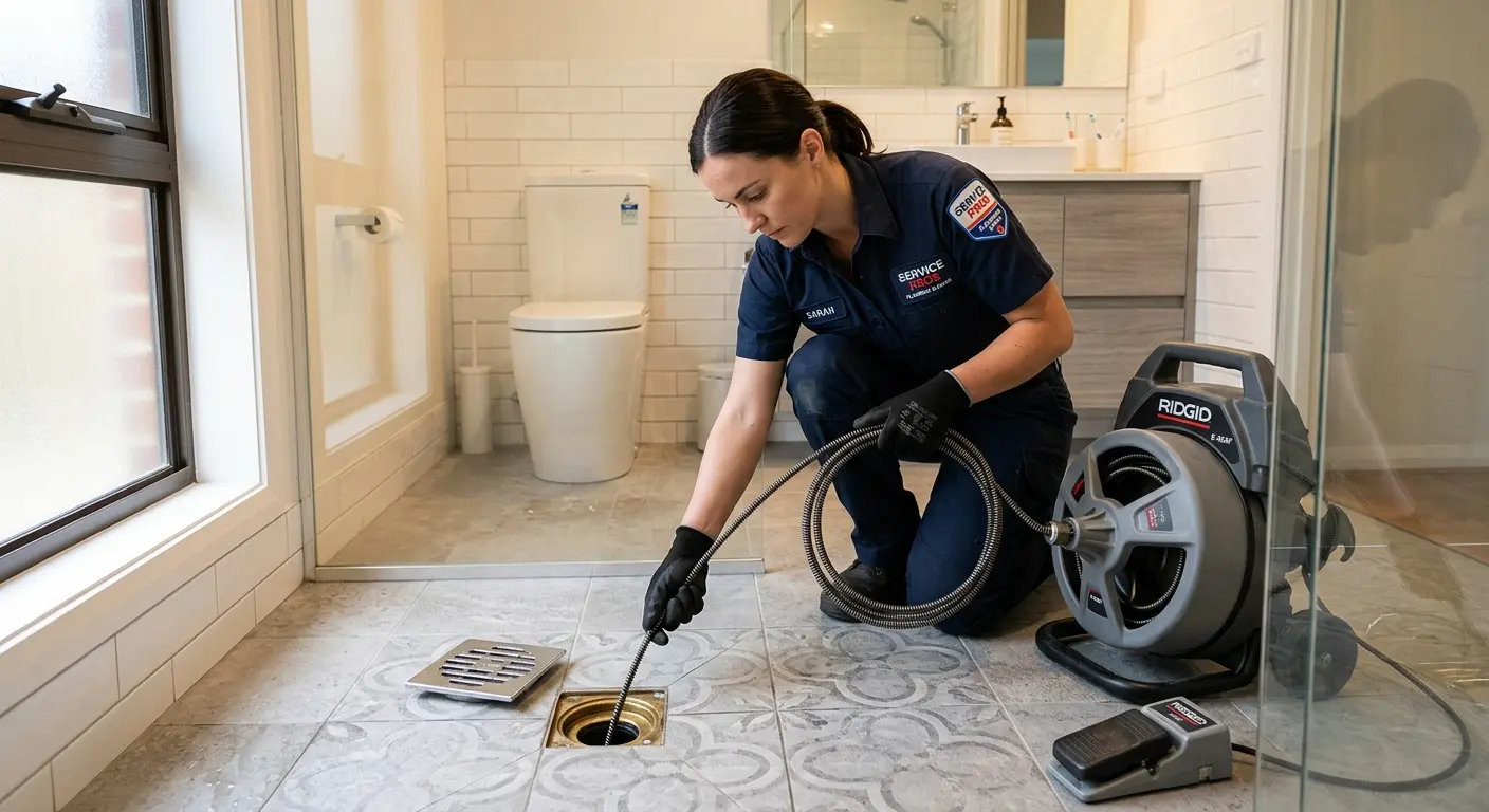 Technician clearing a bathroom floor drain for Clogged Drain Repair in Summerville